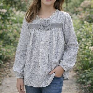 Chloe Gray White Micro Pattern Long Sleeve Flowy Blouse Dress Shirt Girl's 14